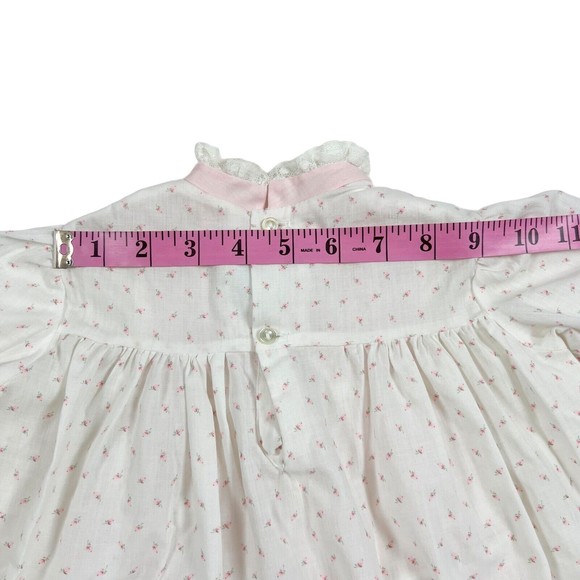 Vtg Hand Smocked Dress 24 Mo. Polly Flinders Calico w Pink Apron Lace 3/4 Sleeve - Picture 11 of 12